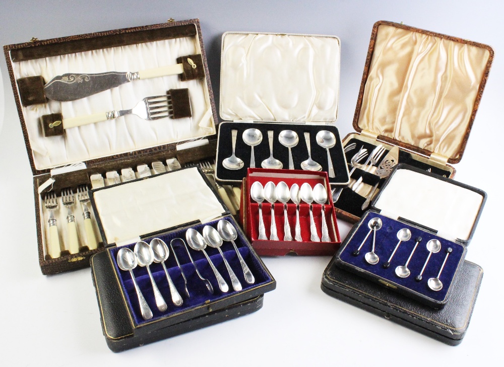 A large quantity of silver plated tableware, to include, a boxed set of fish knives and forks, six