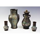 Four late 19th century Chinese cloisonne archaic style vases, comprising; a hexagonal baluster vase,