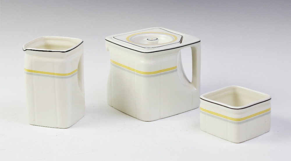 A mid 20th century Cunard Art Deco three piece cubic tea set by Foley, comprising; teapot, milk - Image 2 of 3