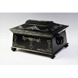 An early Victorian coromandel and mother of pearl inlaid sewing box, of sarcophagus form, the
