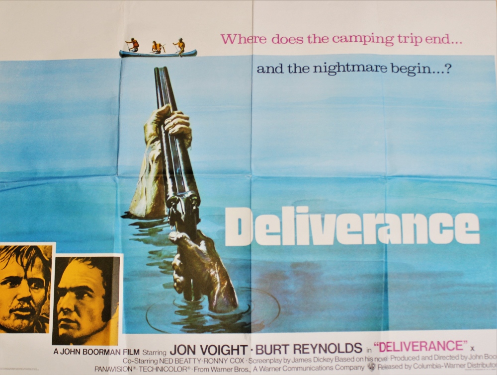 A British quad film poster for DELIVERANCE (1972) starring John Voight and Burt Reynolds, printed in