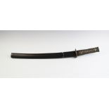 A Japanese wakizashi, with shagreen Tsuga secured with a cloth Tsuka-Itoand ebonised kashira, gilt