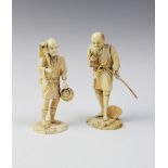 A Japanese carved ivory okimono, Meiji period (1868 -1912), modelled as a field worker, signed to