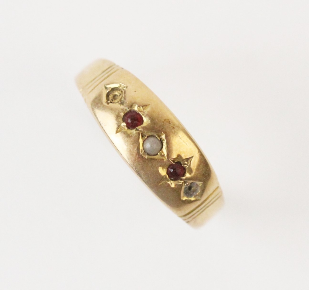 An early 20th century ruby and pearl set ring, comprising a small seed pearl with a small mixed - Image 3 of 3