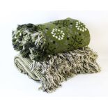 A Welsh woollen blanket, woven in a traditional reversible pattern with olive green, black and