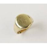 A yellow metal signet ring, with monogrammed initials, marks to inside shank worn, ring size O,