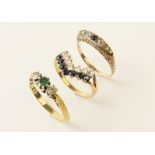 An emerald and diamond 9ct gold ring, comprising a small round mixed cut emerald with a small