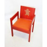 A red stained Prince of Wales Investiture chair, designed by Lord Snowdon, the back with gilt Prince