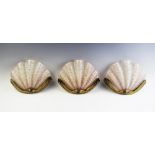 A trio of Art Deco style frosted glass oyster clam shell wall lights,