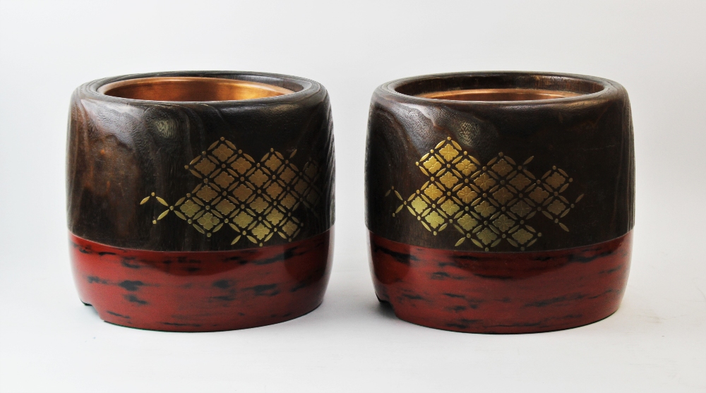 A pair of Japanese lacquer hibachi, 20th century, each of cylindrical form decorated with