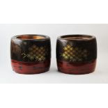 A pair of Japanese lacquer hibachi, 20th century, each of cylindrical form decorated with