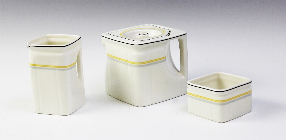 A mid 20th century Cunard Art Deco three piece cubic tea set by Foley, comprising; teapot, milk