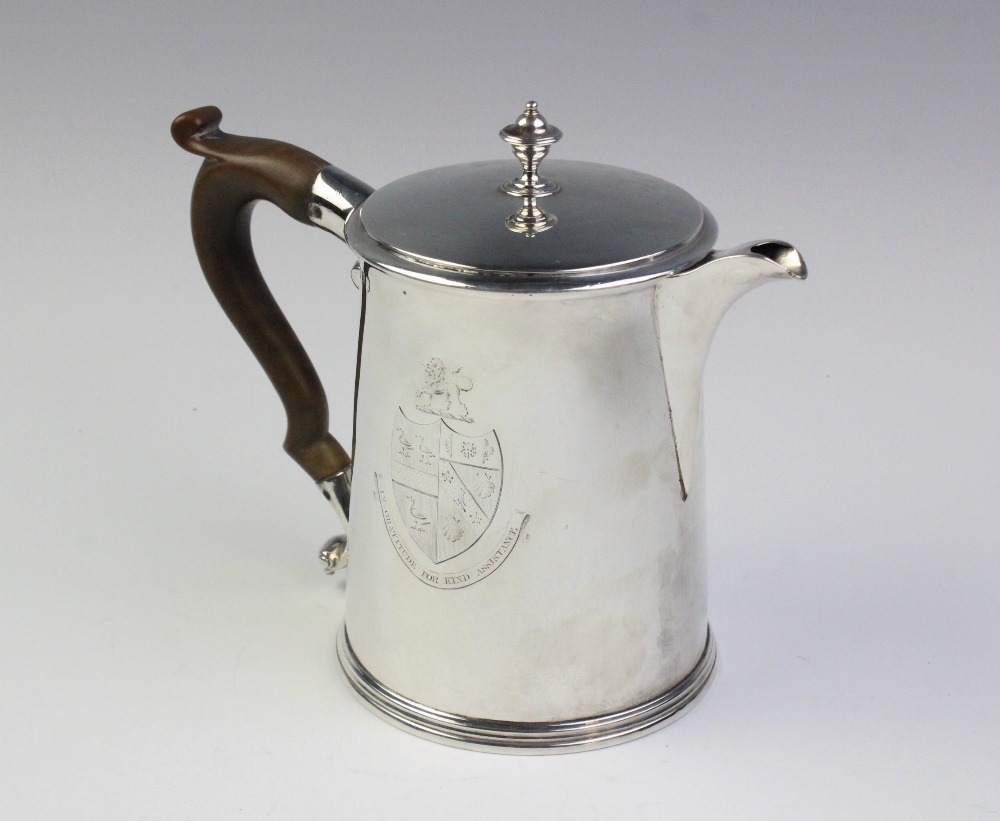 A George III silver hot water jug, London 1790, of tapered cylindrical form with scrolling wood - Image 2 of 4