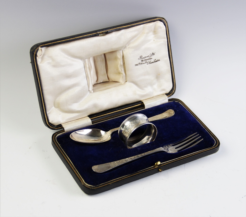 A Victorian silver christening set, comprising a spoon and fork by William Hutton & Sons, London