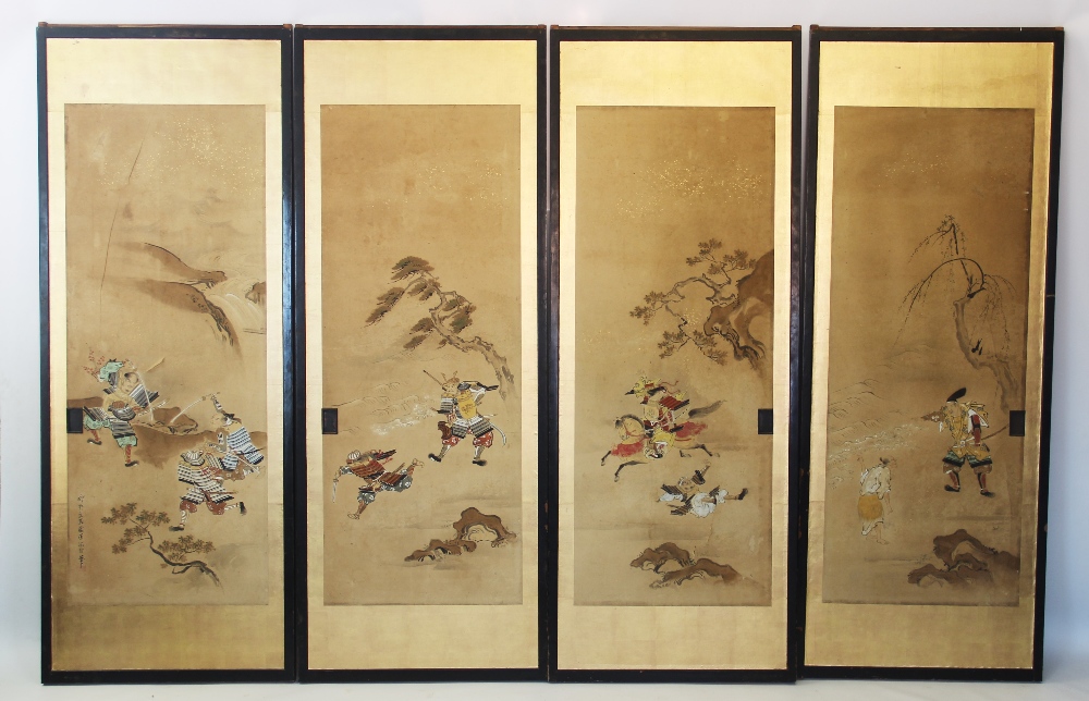 A set of four Japanese painted sliding doors, Meiji period, ink and colour on paper, depicting