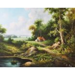 P Henry (20th century), Oil on canvas, Rural landscape with cottage and pond, Signed lower right,