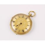 A lady's 18ct gold open-face pocket watch, the round gold-toned dial with engraved floral decoration