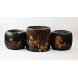 A pair of Japanese wood hibachi, decorated with shibayama depicting lacquered flora, 23cm wide x