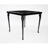 An early to mid 20th century Japanned card table, the baize lined square table top raised upon