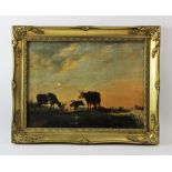 English school (19th century), Oil on canvas, Cattle by a river, Unsigned, 29cm x 39cm, Gilt