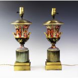 A pair of Imari palette campana urn lamp bases in the manner of Derby, each presented on polished