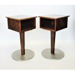 A pair of 1970's retro bedside/lamp tables, the square burr veneered tops above a rectangular vacant
