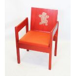 A red stained Prince of Wales Investiture chair, designed by Lord Snowdon, the back with gilt Prince