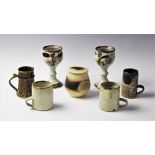 A collection of St Ives studio pottery comprising: two stoneware knopped stem goblets, each