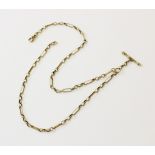 A 9ct gold Albert chain, comprising two belcher link chains, suspending a yellow metal T-bar link,