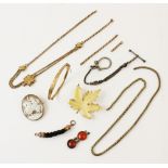 A selection of Victorian and later jewellery, to include, a yellow metal hinged bangle, the