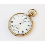 A 9ct gold open face pocket watch by Waltham, the white enamel dial with Roman numerals and
