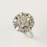 A diamond floral cluster ring, comprising a central round brilliant cut diamond with a surround of