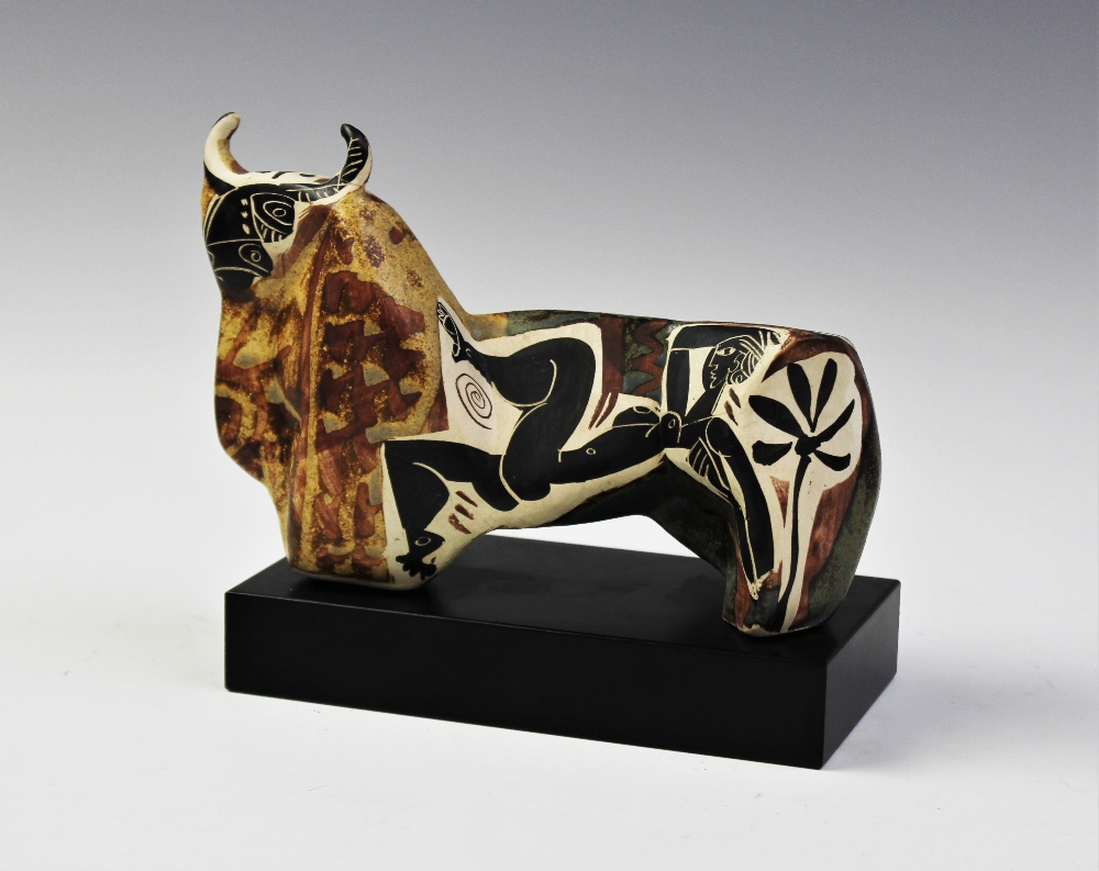 An Alfajar Studio pottery model of a bull, 20th century, in the cubist manner