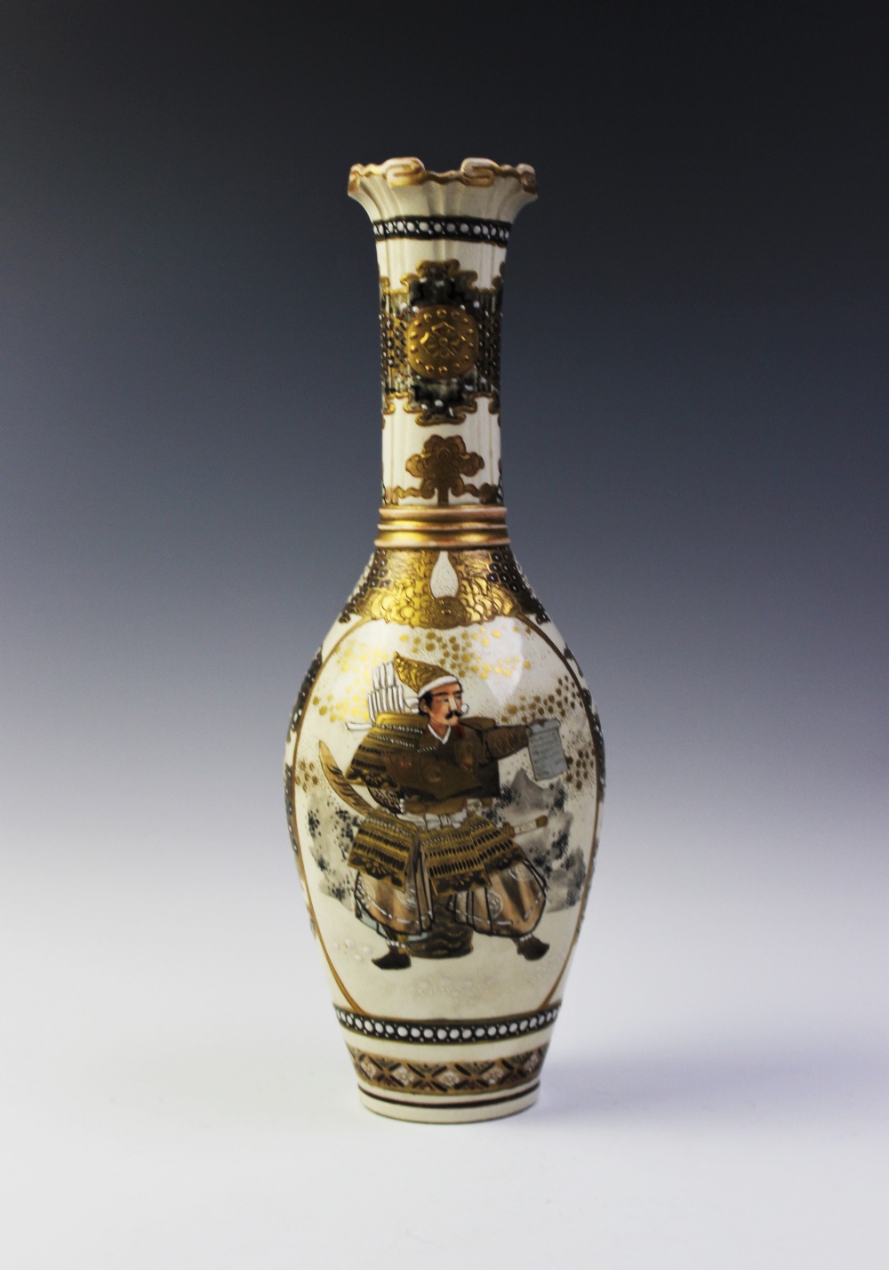 A Japanese Satsuma vase, signed Nishida Kyoto, Meiji period (1868 - 1912), the slender cylindrical - Bild 2 aus 4