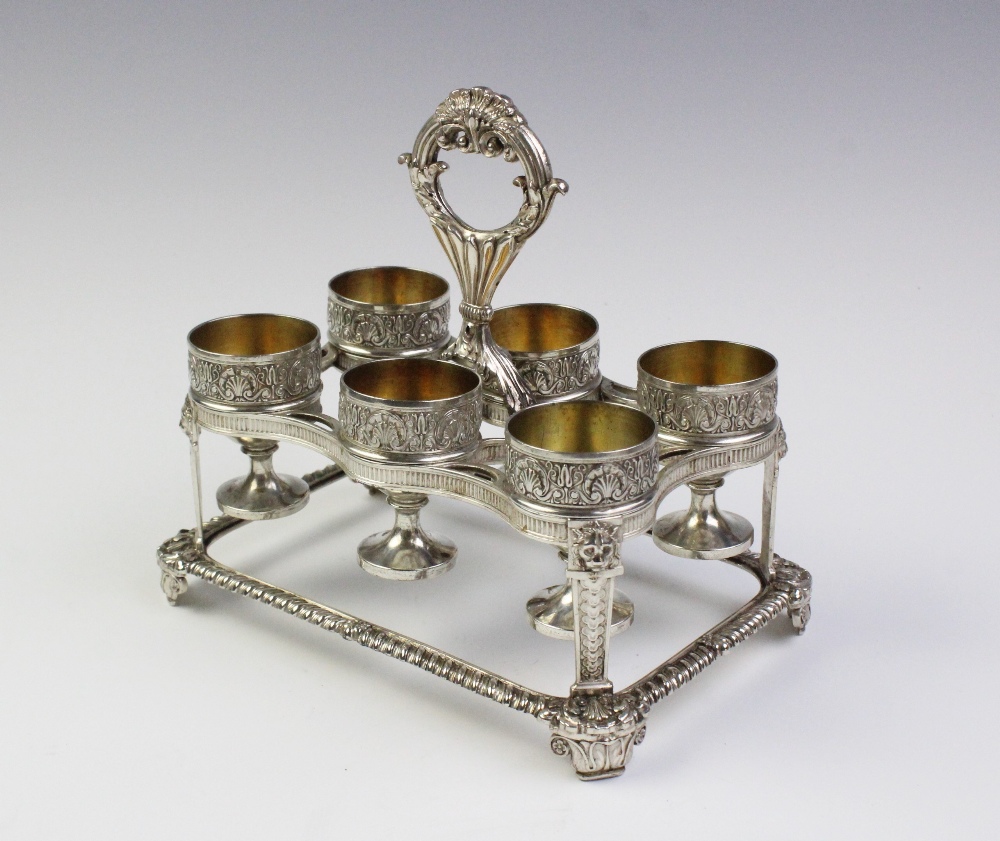 A George III silver egg cruet by Phillip Rundell, London 1819, the rectangular stand with - Image 2 of 6