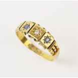 A Victorian sapphire and diamond 18ct gold ring, Chester 1897, comprising a small mine cut diamond