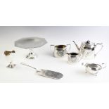 A selection of white metal table wares, to include, a George III style sauce boat by Adie