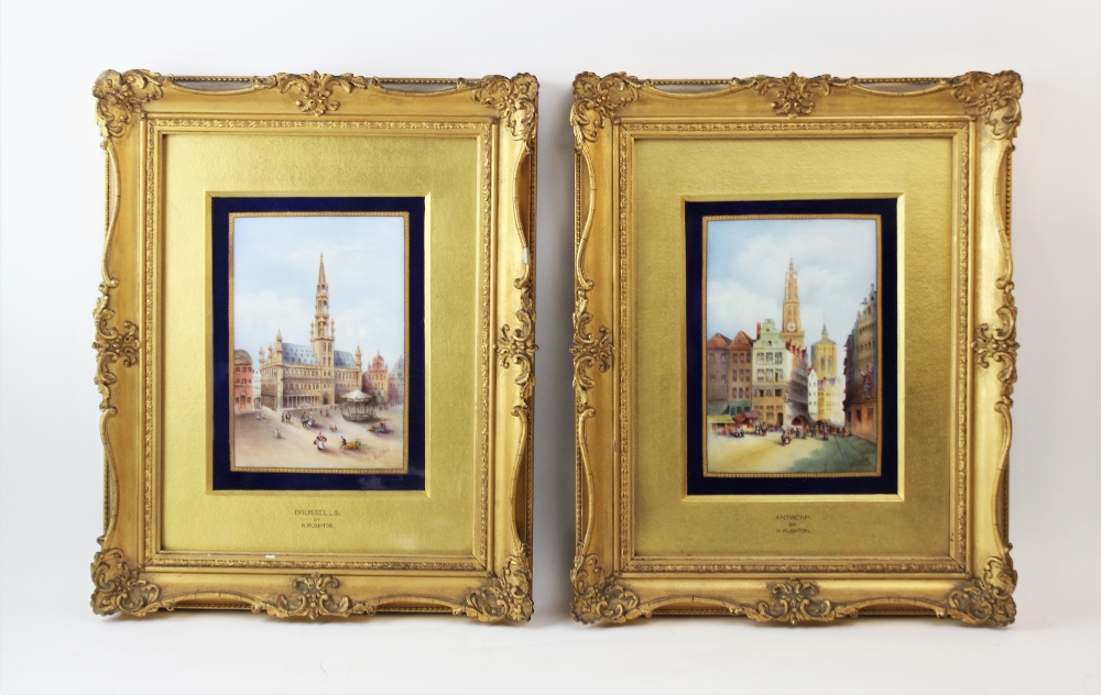 A Royal Worcester porcelain plaque, hand painted by R. Rushton, depicting the Hotel De Ville,