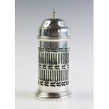 A silver sugar caster by Barker Brothers, Chester 1912, of cylindrical form with pierced