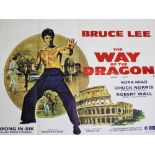 A British quad film poster for THE WAY OF THE DRAGON (1972) starring Bruce Lee and Chuck Norris,