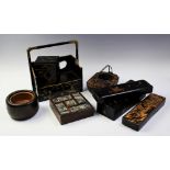 A collection of Japanese lacquered items to include; a handled bijoiterie stand 20th century, 28cm