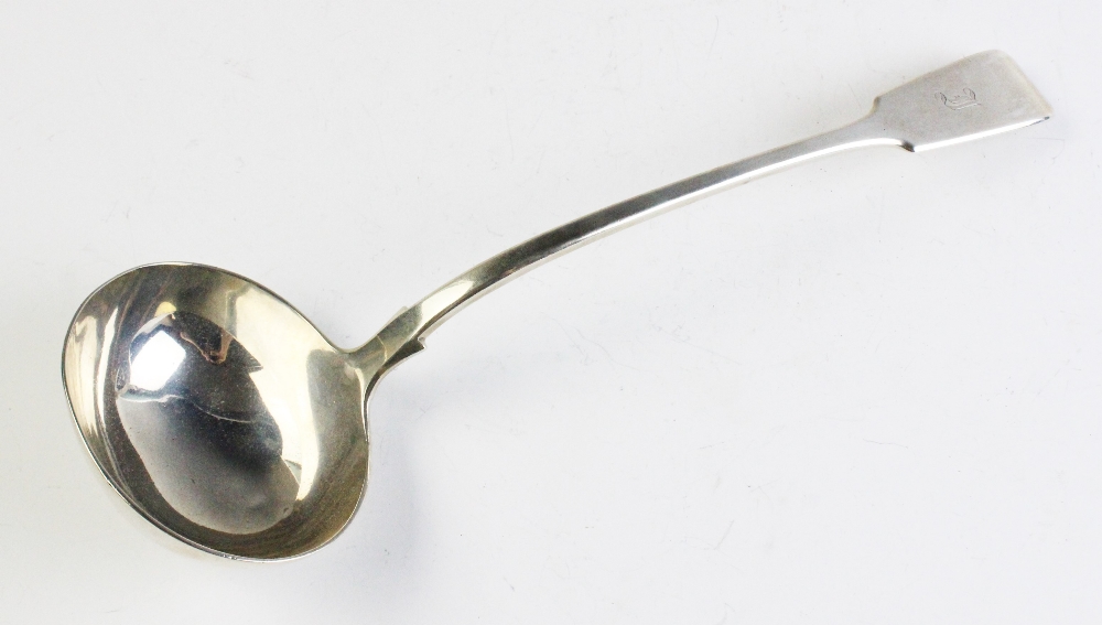 A Victorian silver ladle by Chawner & Co, London 1838, of plain polished form with monogrammed