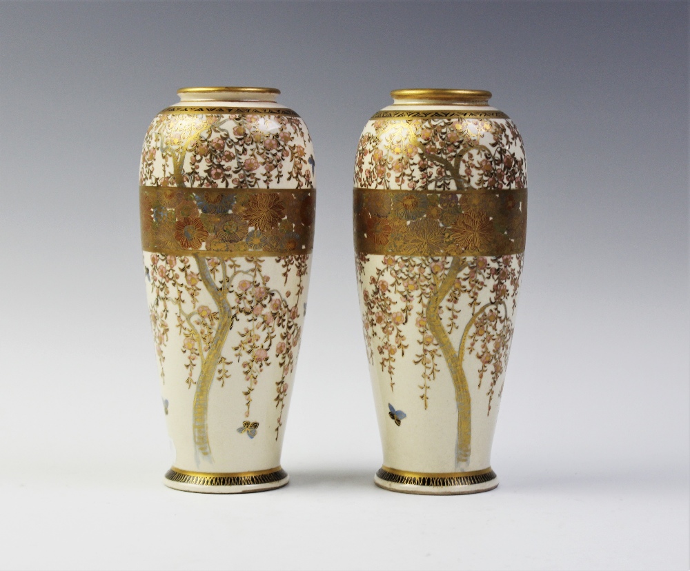 A pair of Japanese Satusuma vases, signed Seizan, each cylindrical vase extensively decorated with - Image 2 of 3