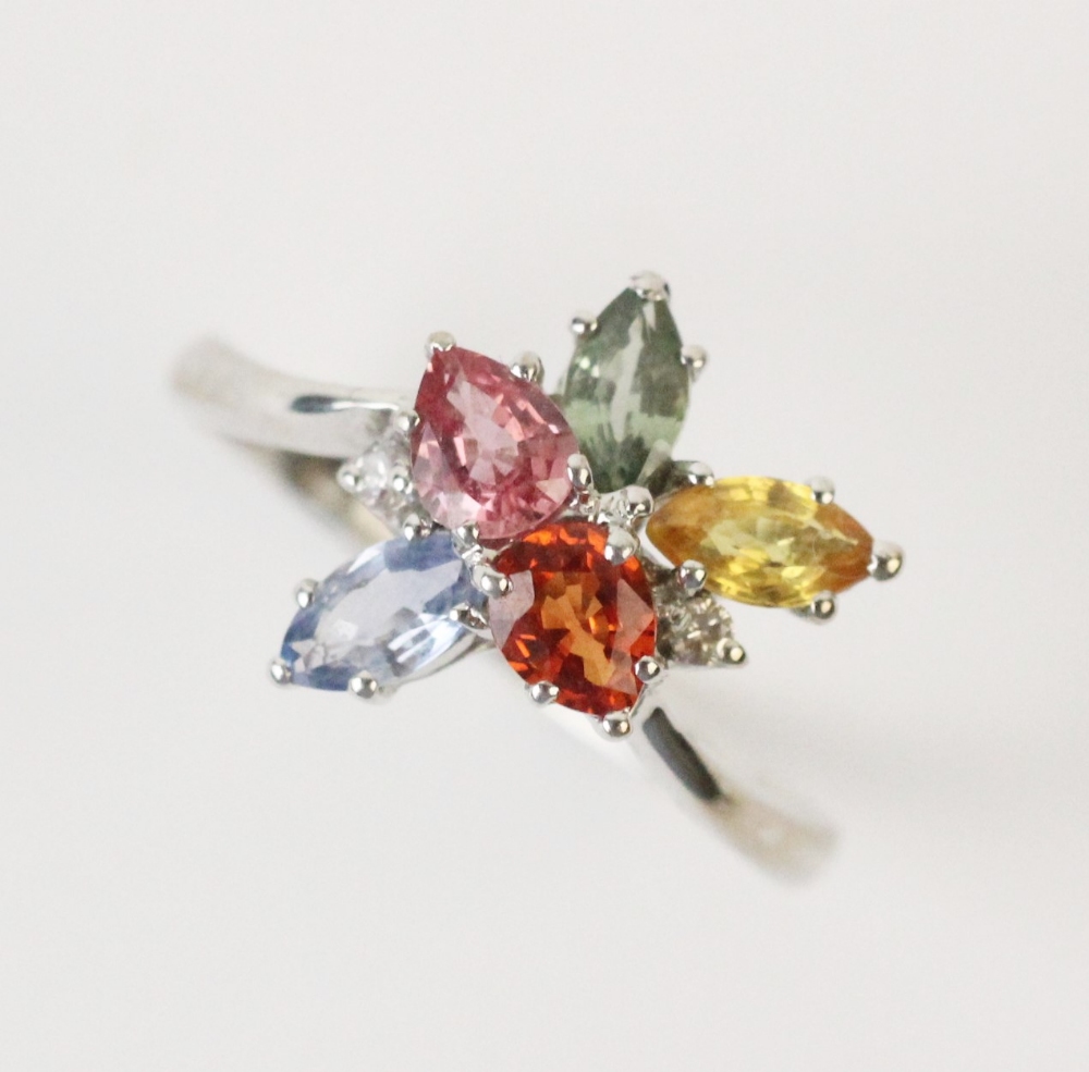 A diamond and gemstone set 'tutti-frutti' cluster ring, the central cluster comprising marquise