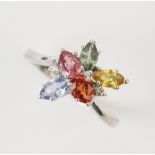 A diamond and gemstone set 'tutti-frutti' cluster ring, the central cluster comprising marquise