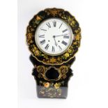 A Victorian painted papier mache drop dial wall clock, the 30cm white dial within a floral painted