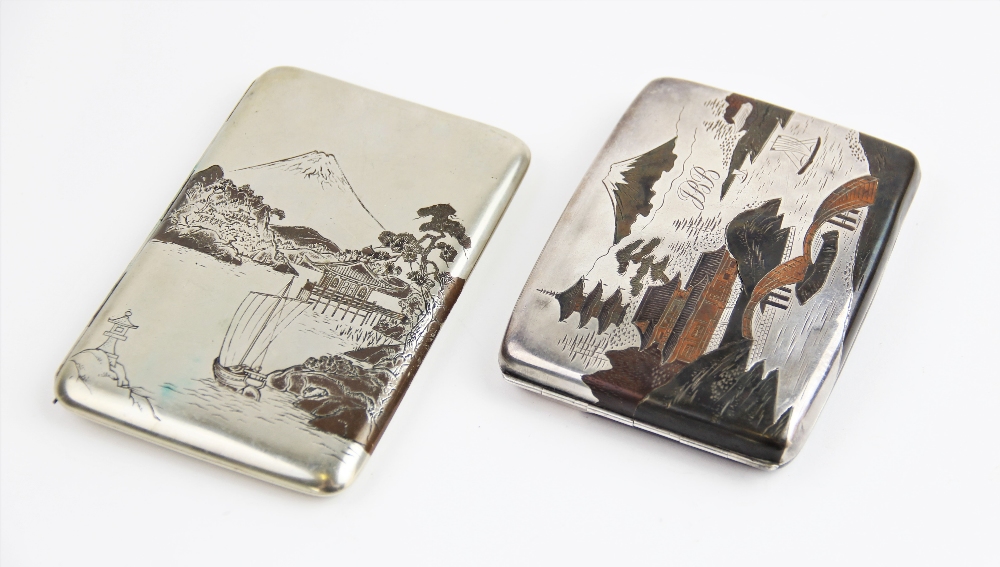 A Japanese sterling silver and copper inlaid cigarette case, of rectangular form dedicated with - Image 2 of 2