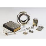 A selection of silver ladies accessories, to include a silver posy holder, dated London 1955, of