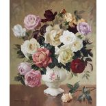 Thomas Bradley (1889-1993), Oil on board, Still life with roses in a vase, Signed lower left,