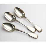 Three Victorian Irish fiddle pattern silver tablespoons, marked for 'PW', Dublin 1845, each 18cm